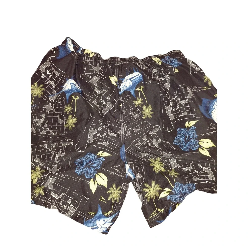 Puritan Mens XL Swim Trunks Black Blue Marlin Tropical Floral Mesh Lined Shorts